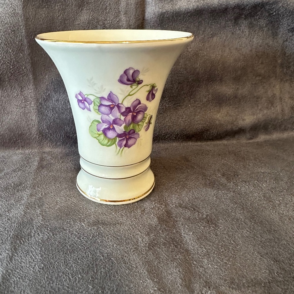 Schumann , Ivory vase with purple flowers and gold trim